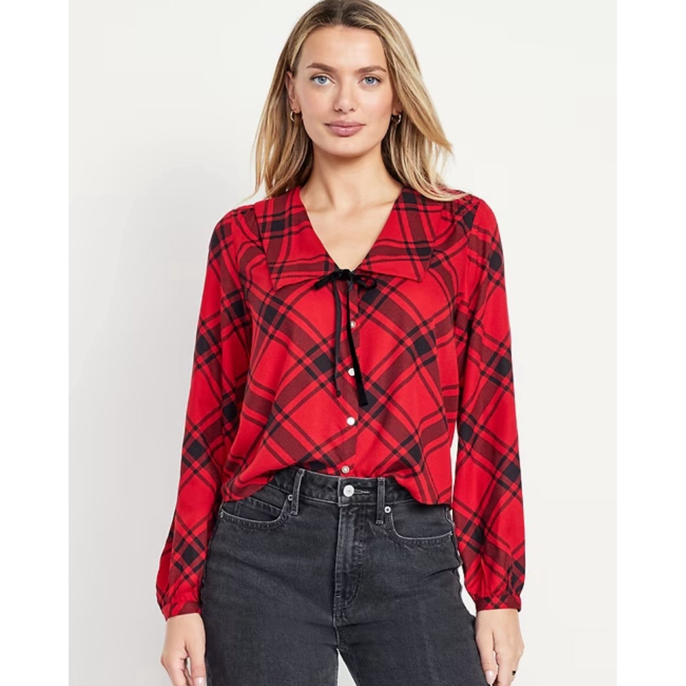 NWT Women's Old Navy Black Red Plaid Button Crepe Bow‎ XL